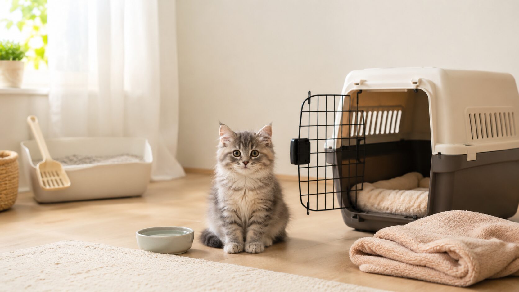 キャリーのそばで安心して過ごす子猫と整えられた留守番環境