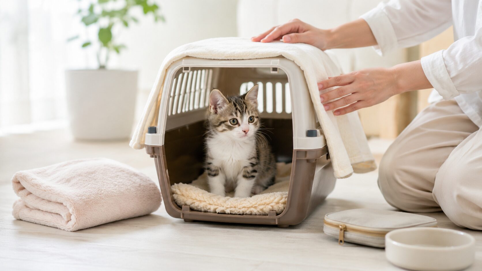 布を掛けたキャリーケースの中で落ち着いて移動する子猫